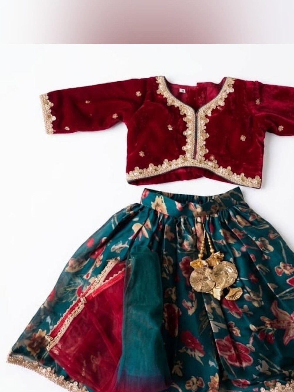 Kids Designer Traditional Floral Lehenga Choli Set in Deep Red and Teal